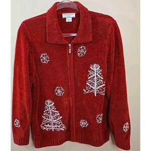 Allison Daley Women's‎ Red Chenille Full Zip Snowflake Christmas Sweater Size PM
